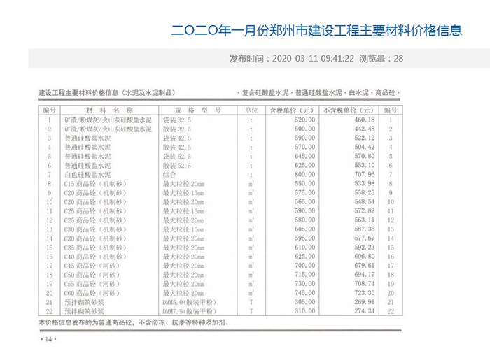 2020年1月份鄭州市商品混凝土基準(zhǔn)信息價