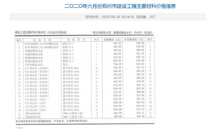 2020年06月份鄭州市商品混凝土基準(zhǔn)信息價